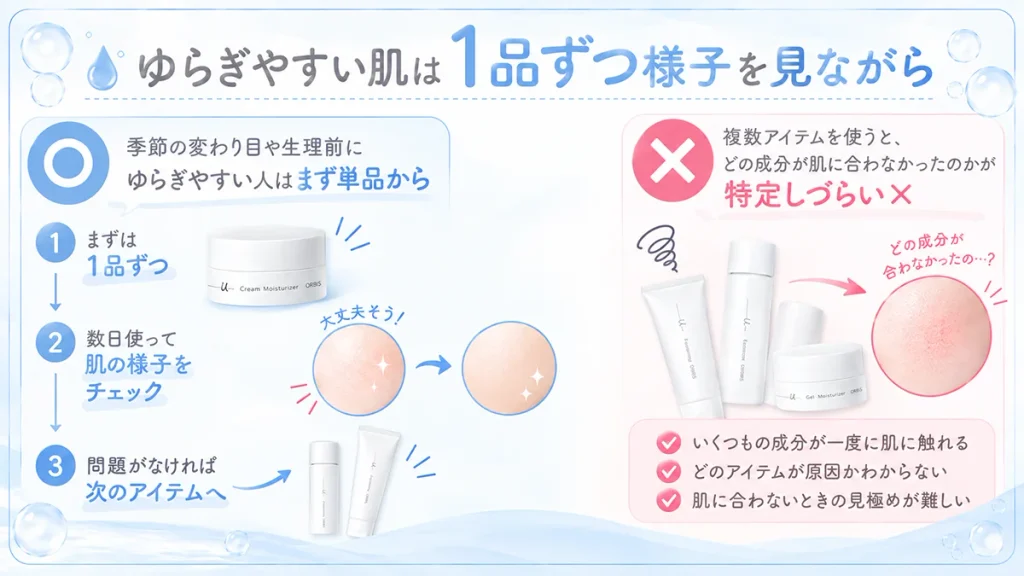 ゆらぎやすい肌は1品ずつ様子を見ながら